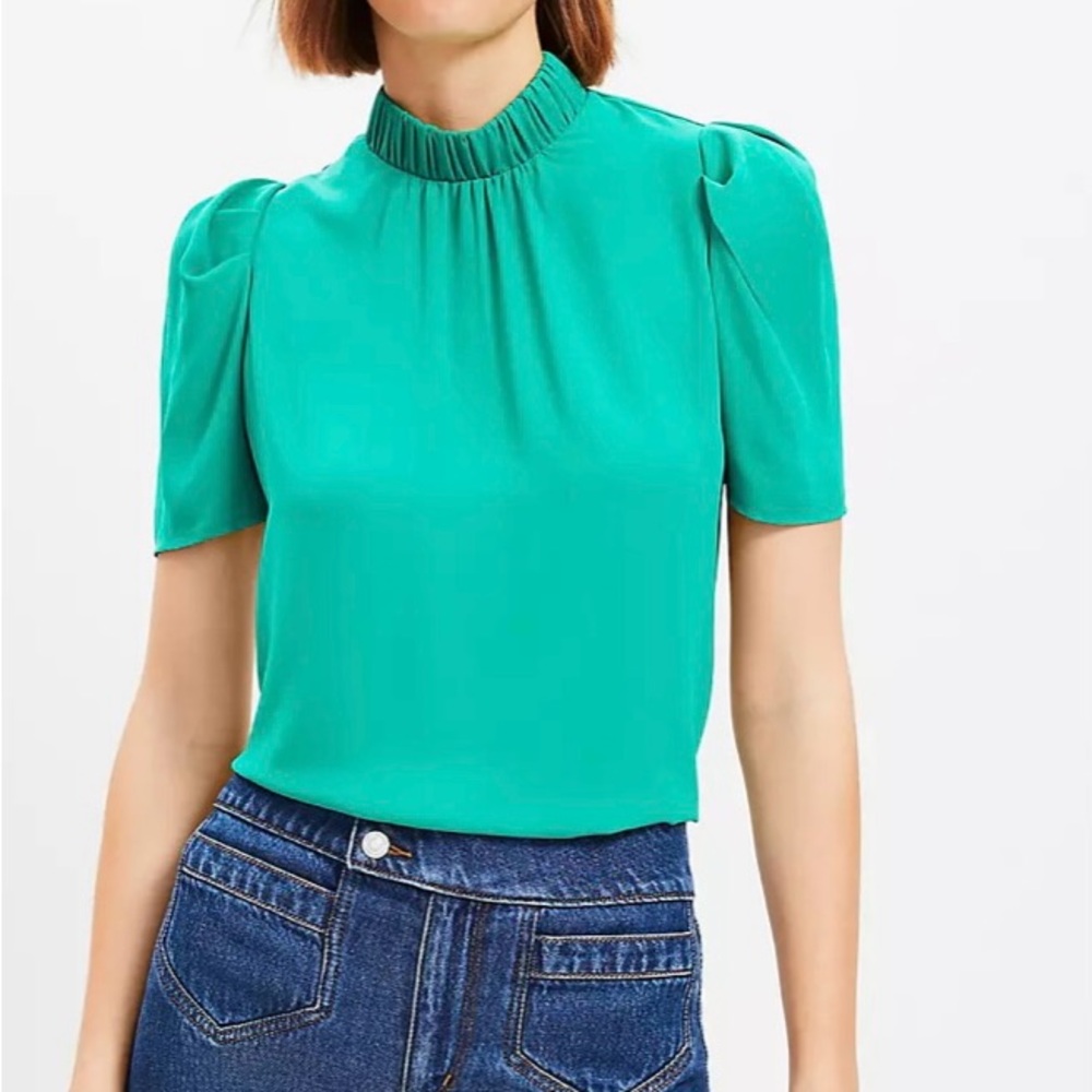 LOFT Vibrant Green Mock Neck Puff Sleeve Mixed Media Top Blouse